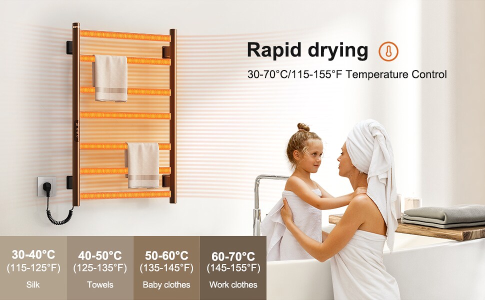 SIOYIE Towel Warmer Bathroom Wall Mounted 7 Bars Electric Towel Drying, 150W 800 × 500 MM Heated Towel Rack With Intelligent Touch Screen Timer And Temperature Control_voghion.com