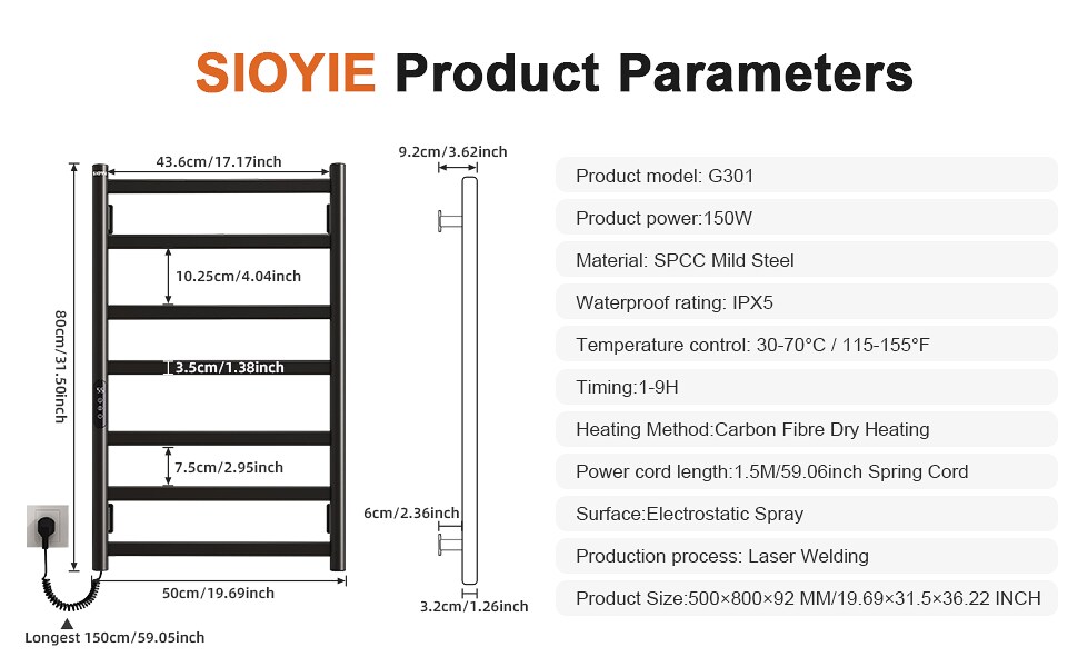 SIOYIE Towel Warmer Bathroom Wall Mounted 7 Bars Electric Towel Drying, 150W 800 × 500 MM Heated Towel Rack With Intelligent Touch Screen Timer And Temperature Control_voghion.com