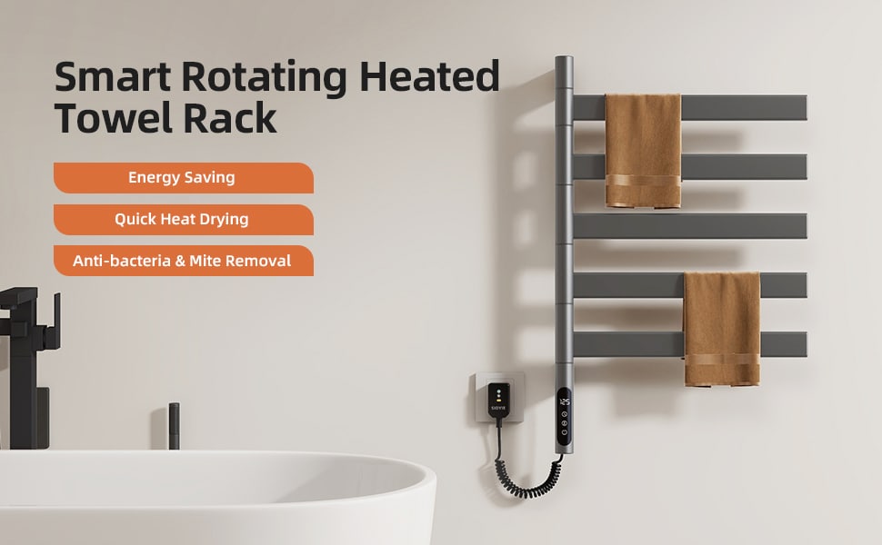 SIOYIE Electric Towel Warmer 180° Rotating Heated Towel Rack With 1-9H Timer 115℉-155℉,120W Wall-Mounted 5 Bars Electric Towel Rail, Concealed Installation,Towel Warmer For Bathroom Gray_voghion.com