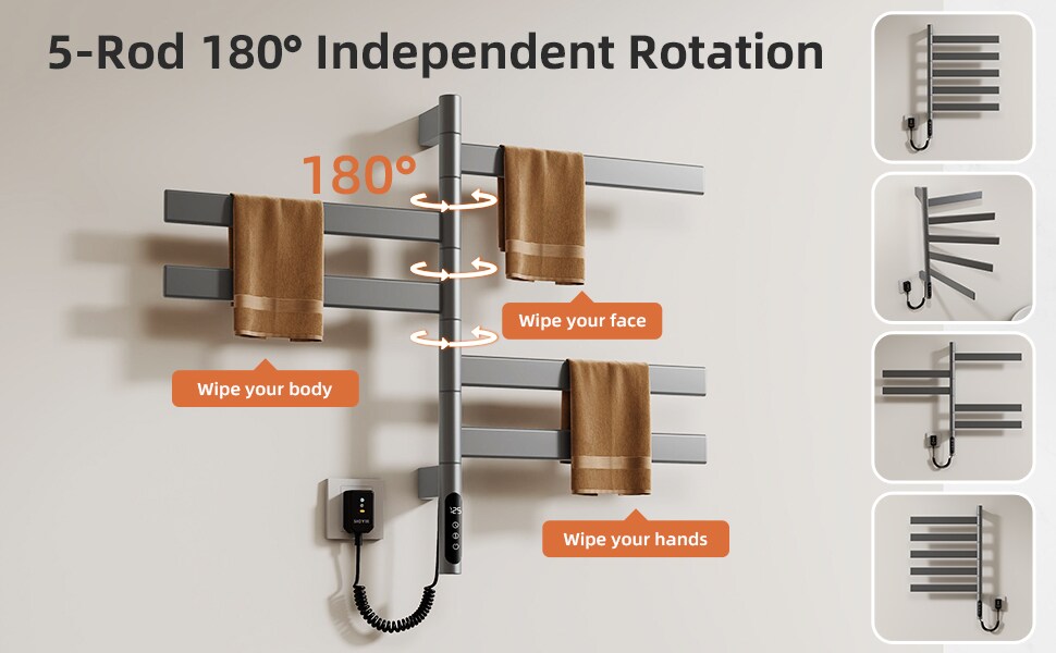 SIOYIE Electric Towel Warmer 180° Rotating Heated Towel Rack With 1-9H Timer 115℉-155℉,120W Wall-Mounted 5 Bars Electric Towel Rail, Concealed Installation,Towel Warmer For Bathroom Gray_voghion.com