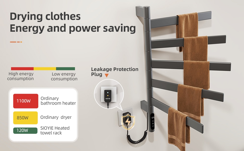 SIOYIE Electric Towel Warmer 180° Rotating Heated Towel Rack With 1-9H Timer 115℉-155℉,120W Wall-Mounted 5 Bars Electric Towel Rail, Concealed Installation,Towel Warmer For Bathroom Gray_voghion.com