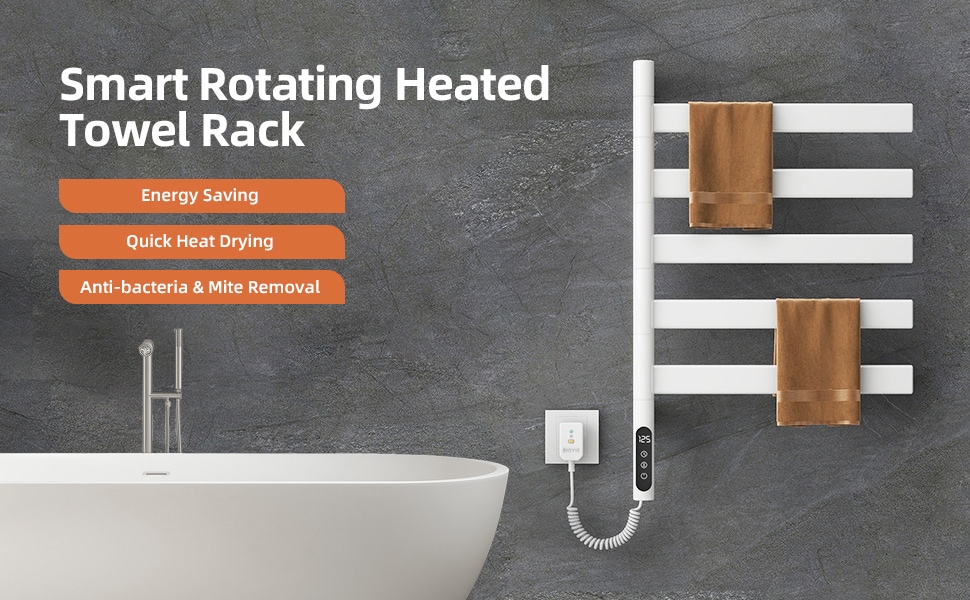 SIOYIE Electric Towel Warmer 180° Rotating Heated Towel Rack With 1-9H Timer 115℉-155℉,120W Wall-Mounted 5 Bars Electric Towel Rail, Concealed Installation,Towel Warmer For Bathroom White_voghion.com