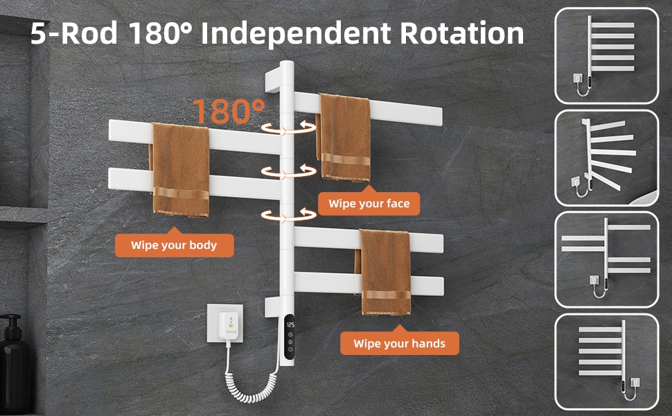 SIOYIE Electric Towel Warmer 180° Rotating Heated Towel Rack With 1-9H Timer 115℉-155℉,120W Wall-Mounted 5 Bars Electric Towel Rail, Concealed Installation,Towel Warmer For Bathroom White_voghion.com