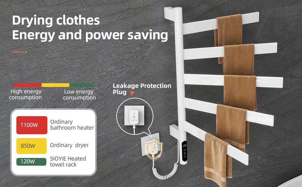 SIOYIE Electric Towel Warmer 180° Rotating Heated Towel Rack With 1-9H Timer 115℉-155℉,120W Wall-Mounted 5 Bars Electric Towel Rail, Concealed Installation,Towel Warmer For Bathroom White_voghion.com