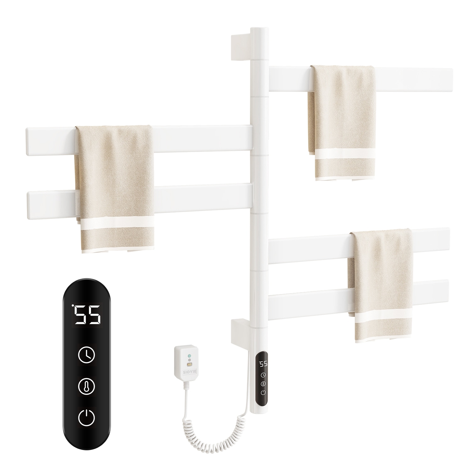 SIOYIE Electric Towel Warmer 180° Rotating Heated Towel Rack With 1-9H Timer 115℉-155℉,120W Wall-Mounted 5 Bars Electric Towel Rail, Concealed Installation,Towel Warmer For Bathroom White_voghion.com
