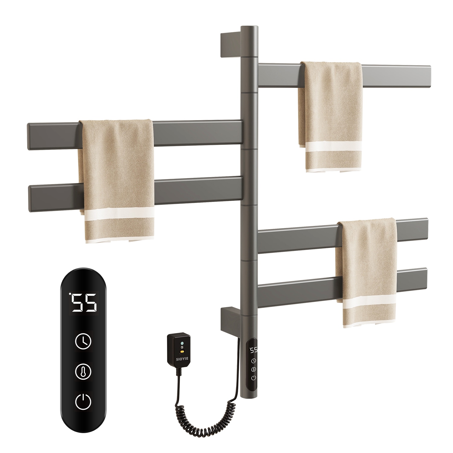 SIOYIE Electric Towel Warmer 180° Rotating Heated Towel Rack With 1-9H Timer 115℉-155℉,120W Wall-Mounted 5 Bars Electric Towel Rail, Concealed Installation,Towel Warmer For Bathroom Gray_voghion.com
