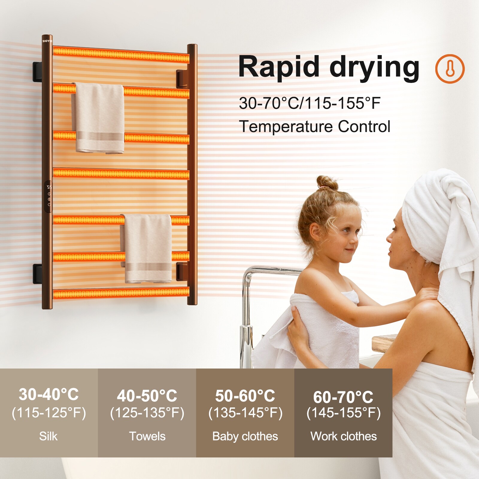 SIOYIE Towel Warmer Bathroom Wall Mounted 7 Bars Electric Towel Drying, 150W 800 × 500 MM Heated Towel Rack With Intelligent Touch Screen Timer And Temperature Control_voghion.com