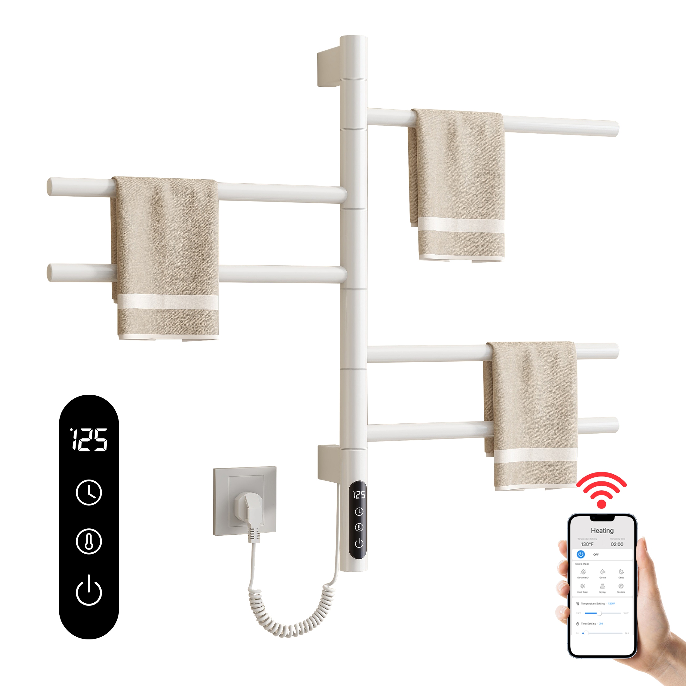 SIOYIE Smart Rotating Heated Towel Rack For Bathroom, Wall-Mounted Electric Towel Dryer With Swivel Bars, Smart Timer, Low Carbon Steel, IPX5, Plug-in/Hardwired, Towel Warmer With Wi-Fi App Control_voghion.com