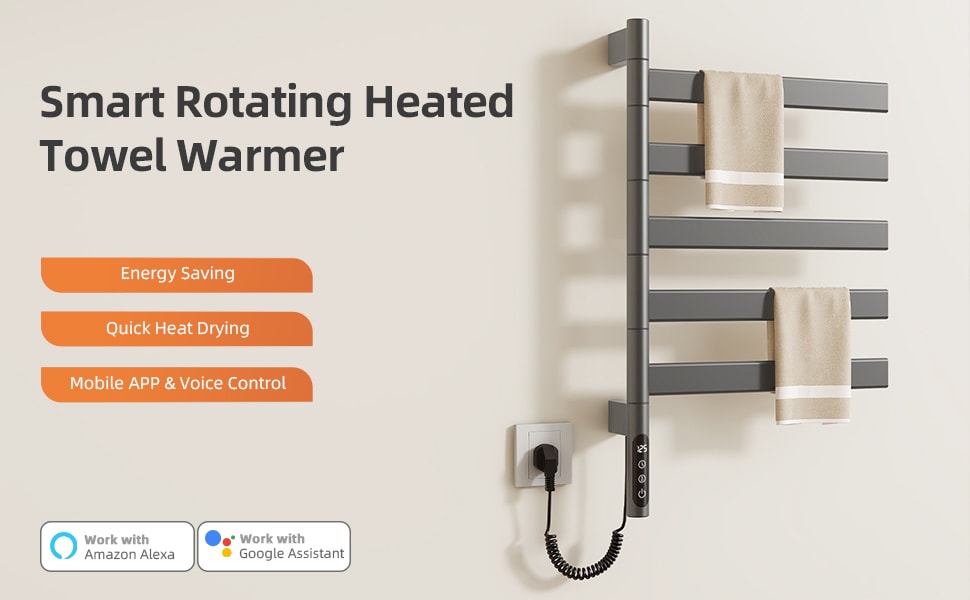 SIOYIE Smart Rotating Heated Towel Rack For Bathroom, Wall-Mounted Electric Towel Dryer With Swivel Bars, Smart Timer, Low Carbon Steel, IPX5, Plug-in/Hardwired, Towel Warmer With Wi-Fi App Control_voghion.com