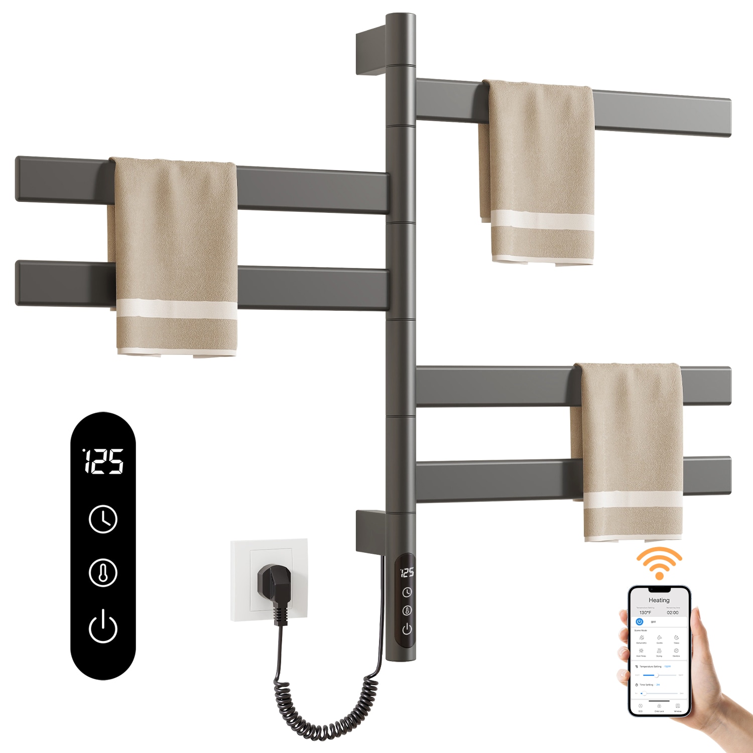 SIOYIE Smart Rotating Heated Towel Rack For Bathroom, Wall-Mounted Electric Towel Dryer With Swivel Bars, Smart Timer, Low Carbon Steel, IPX5, Plug-in/Hardwired, Towel Warmer With Wi-Fi App Control_voghion.com