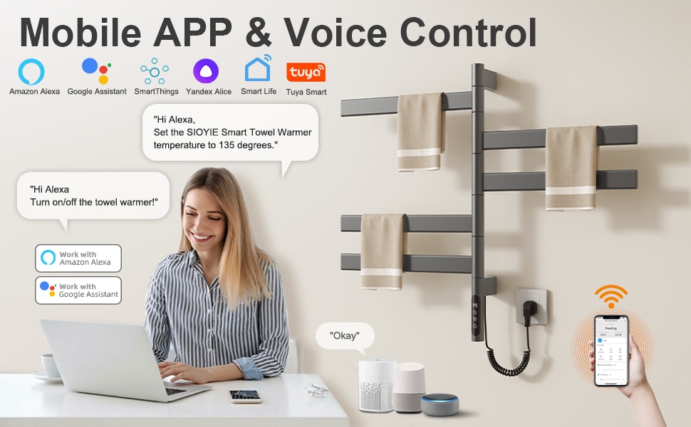 SIOYIE Smart Rotating Heated Towel Rack For Bathroom, Wall-Mounted Electric Towel Dryer With Swivel Bars, Smart Timer, Low Carbon Steel, IPX5, Plug-in/Hardwired, Towel Warmer With Wi-Fi App Control_voghion.com