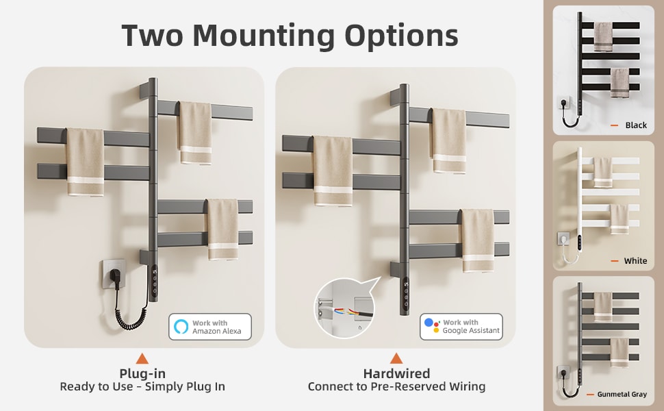 SIOYIE Smart Rotating Heated Towel Rack For Bathroom, Wall-Mounted Electric Towel Dryer With Swivel Bars, Smart Timer, Low Carbon Steel, IPX5, Plug-in/Hardwired, Towel Warmer With Wi-Fi App Control_voghion.com
