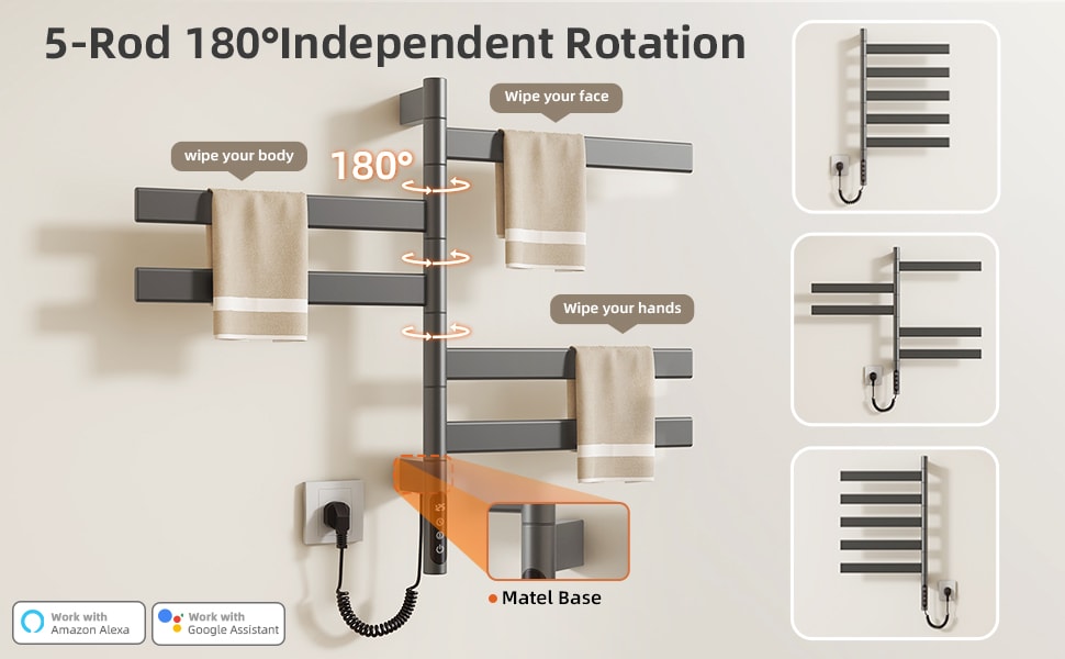 SIOYIE Smart Rotating Heated Towel Rack For Bathroom, Wall-Mounted Electric Towel Dryer With Swivel Bars, Smart Timer, Low Carbon Steel, IPX5, Plug-in/Hardwired, Towel Warmer With Wi-Fi App Control_voghion.com