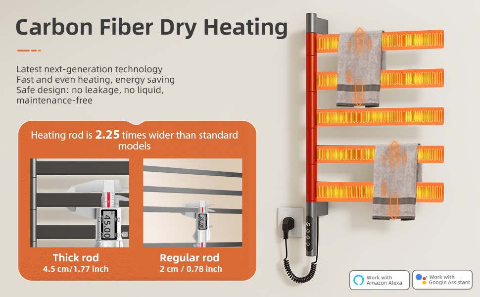 SIOYIE Smart Rotating Heated Towel Rack For Bathroom, Wall-Mounted Electric Towel Dryer With Swivel Bars, Smart Timer, Low Carbon Steel, IPX5, Plug-in/Hardwired, Towel Warmer With Wi-Fi App Control_voghion.com