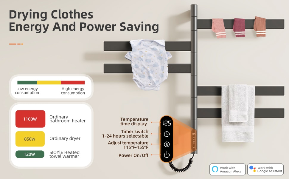 SIOYIE Smart Rotating Heated Towel Rack For Bathroom, Wall-Mounted Electric Towel Dryer With Swivel Bars, Smart Timer, Low Carbon Steel, IPX5, Plug-in/Hardwired, Towel Warmer With Wi-Fi App Control_voghion.com