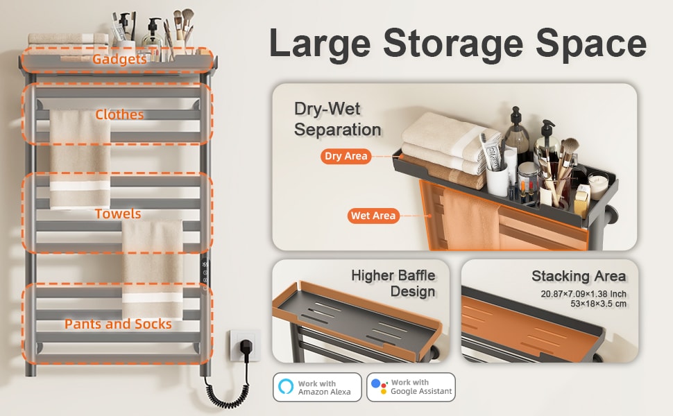 SIOYIE Heated Towel Rack With Shelf And Wi-Fi App Control, 11 Bars Electric Wall Mounted Towel Warmer With Timer & Adjustable Temperature, Low Carbon Steel, Plug-in/Hardwired, Gray_voghion.com
