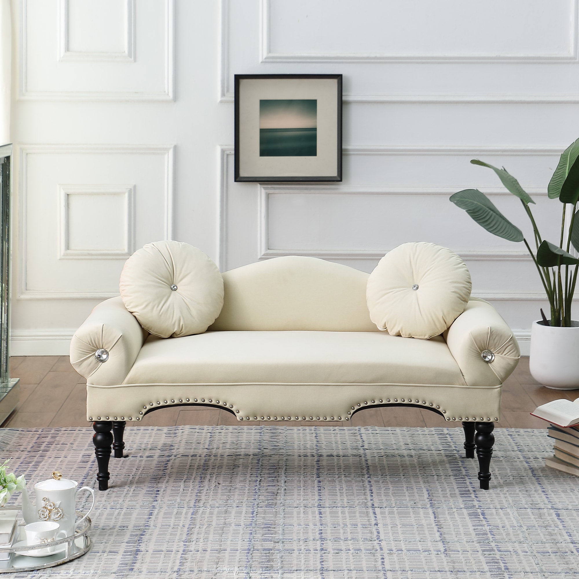 54"Width Modern Velvet Upholstered Loveseat Sofa Accent Bedside Entryway Bench Small Sofa 2 Seater Couch Settee for Living Room Bedroom Nail Head Trimming with Wood Legs 2 Pillows,Beige 54"Width Modern Velvet Upholstered Loveseat Sofa Accent Bedside Entryway Bench Small Sofa 2 Seater Couch Settee for Living Room Bedroom Nail Head Trimming with Wood Legs 2 Pillows,Beige