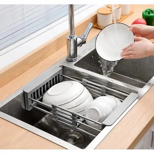 Adjustable Immersion Sink Dish Drying Rack With Stainless Steel Drain Basket - Portable And Retractable Space-Saving Fruit And Vegetable Solution_voghion.com