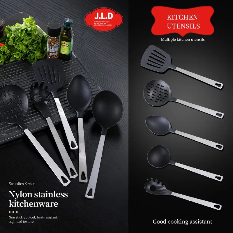 Cooking Utensil Set Premium 5 Piece Kitchen Utensil Set - Stainless Steel Handle And Nylon Faucet, Non-Stick, Heat Resistant, For Home, Kitchen Gift_voghion.com