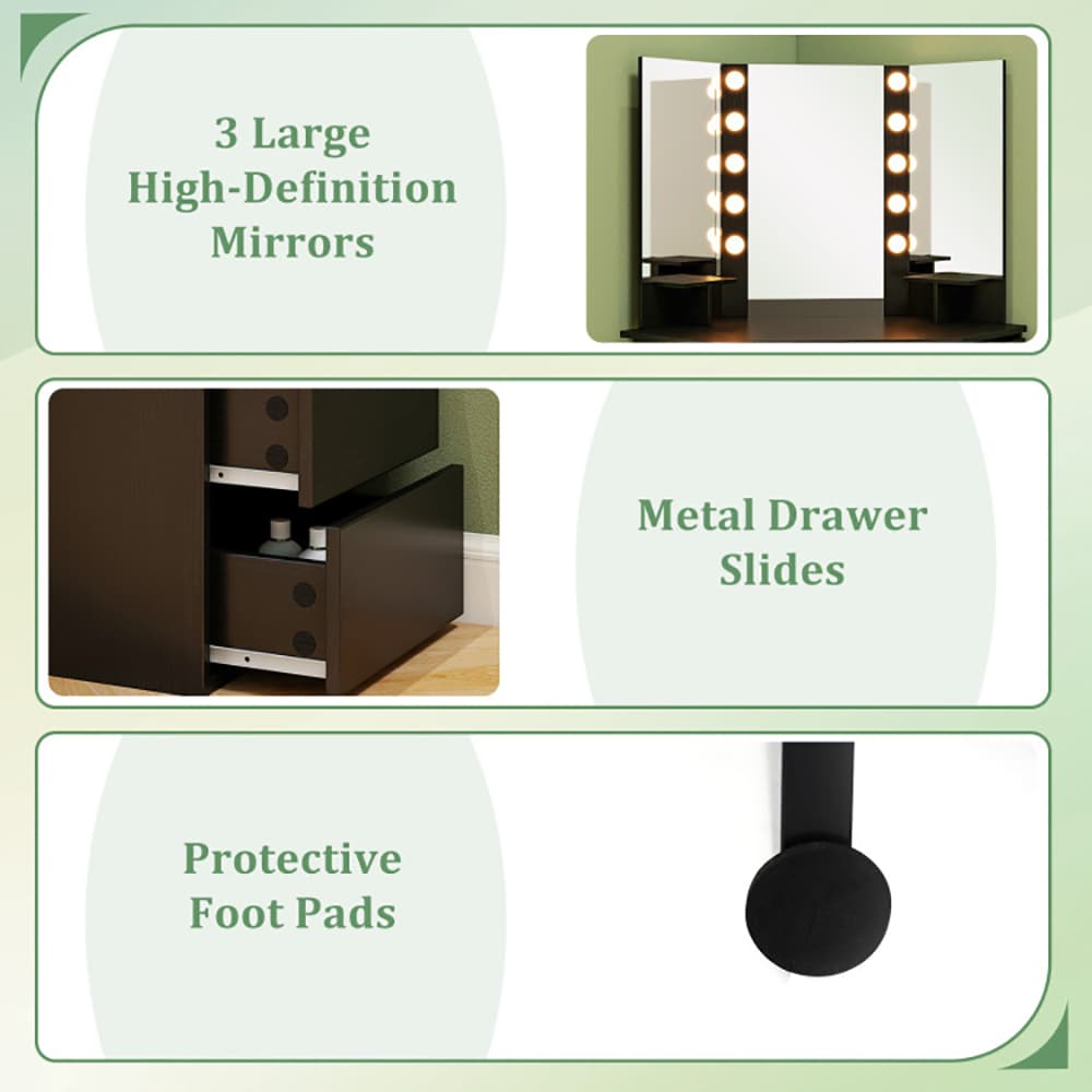 Corner Vanity Desk with 3-Color LED Lighted Mirror and Power Outlet Corner Vanity Desk with 3-Color LED Lighted Mirror and Power Outlet