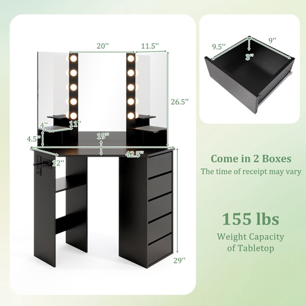 Corner Vanity Desk with 3-Color LED Lighted Mirror and Power Outlet Corner Vanity Desk with 3-Color LED Lighted Mirror and Power Outlet