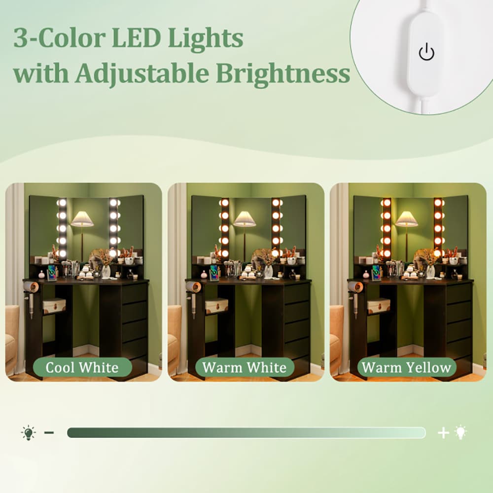 Corner Vanity Desk with 3-Color LED Lighted Mirror and Power Outlet Corner Vanity Desk with 3-Color LED Lighted Mirror and Power Outlet
