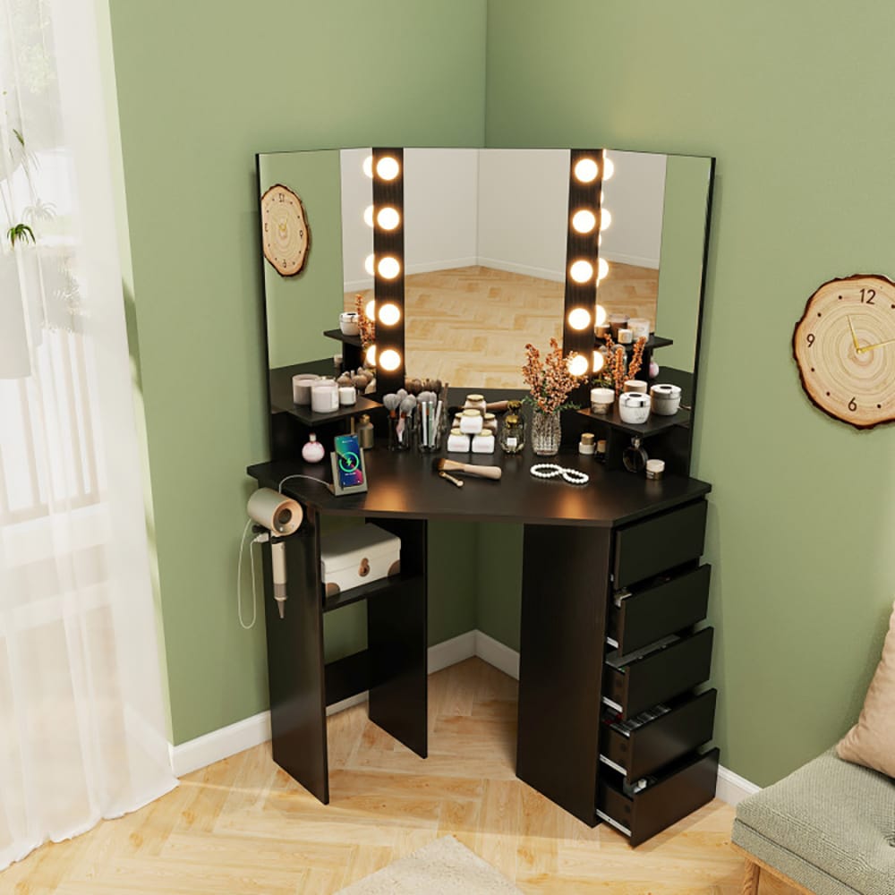 Corner Vanity Desk with 3-Color LED Lighted Mirror and Power Outlet Corner Vanity Desk with 3-Color LED Lighted Mirror and Power Outlet