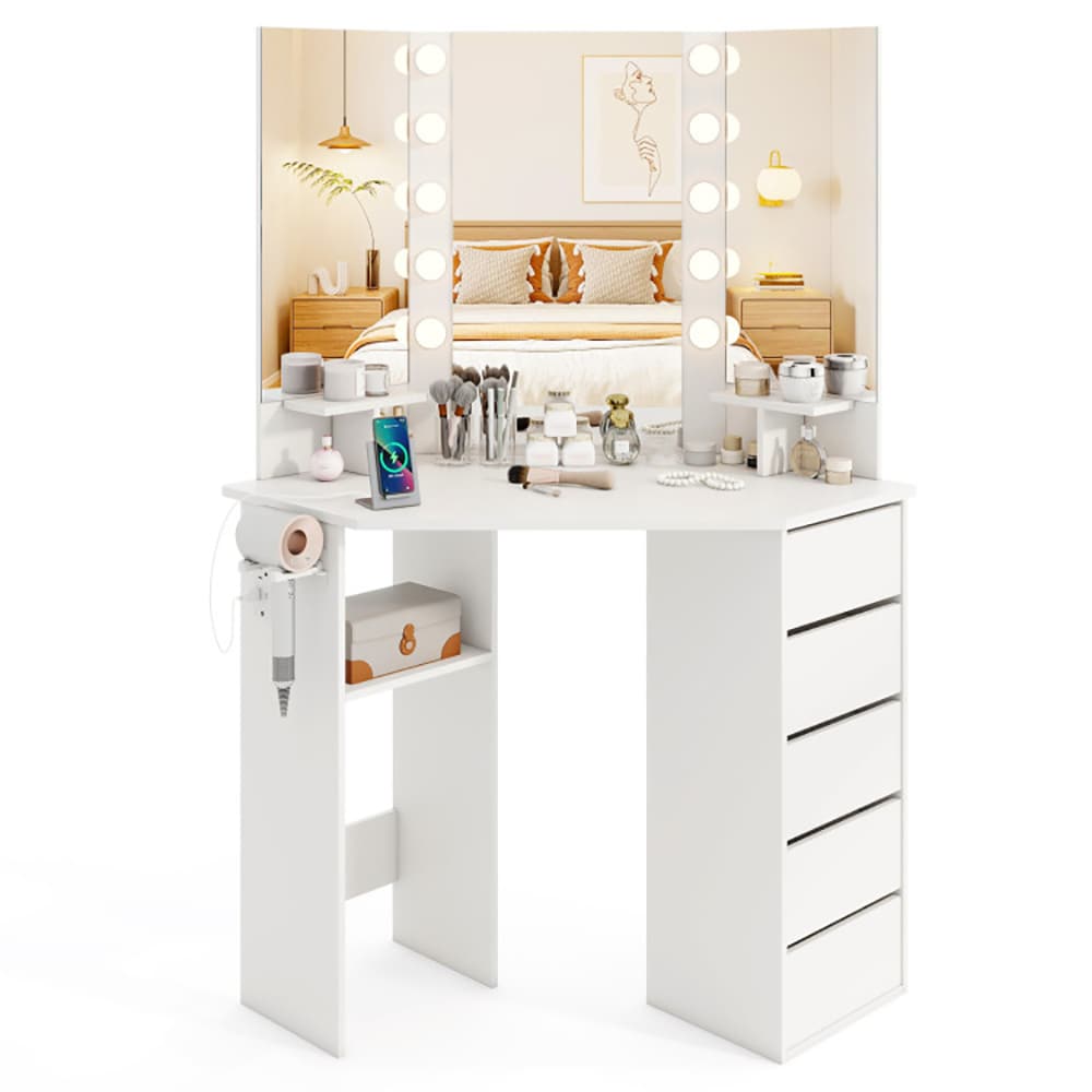 Corner Vanity Desk with 3-Color LED Lighted Mirror and Power Outlet