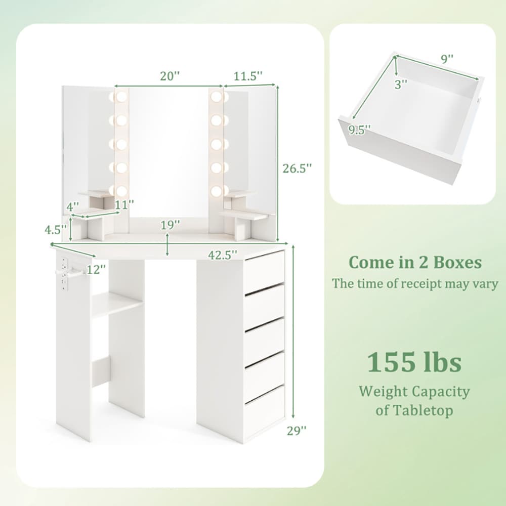 Corner Vanity Desk with 3-Color LED Lighted Mirror and Power Outlet