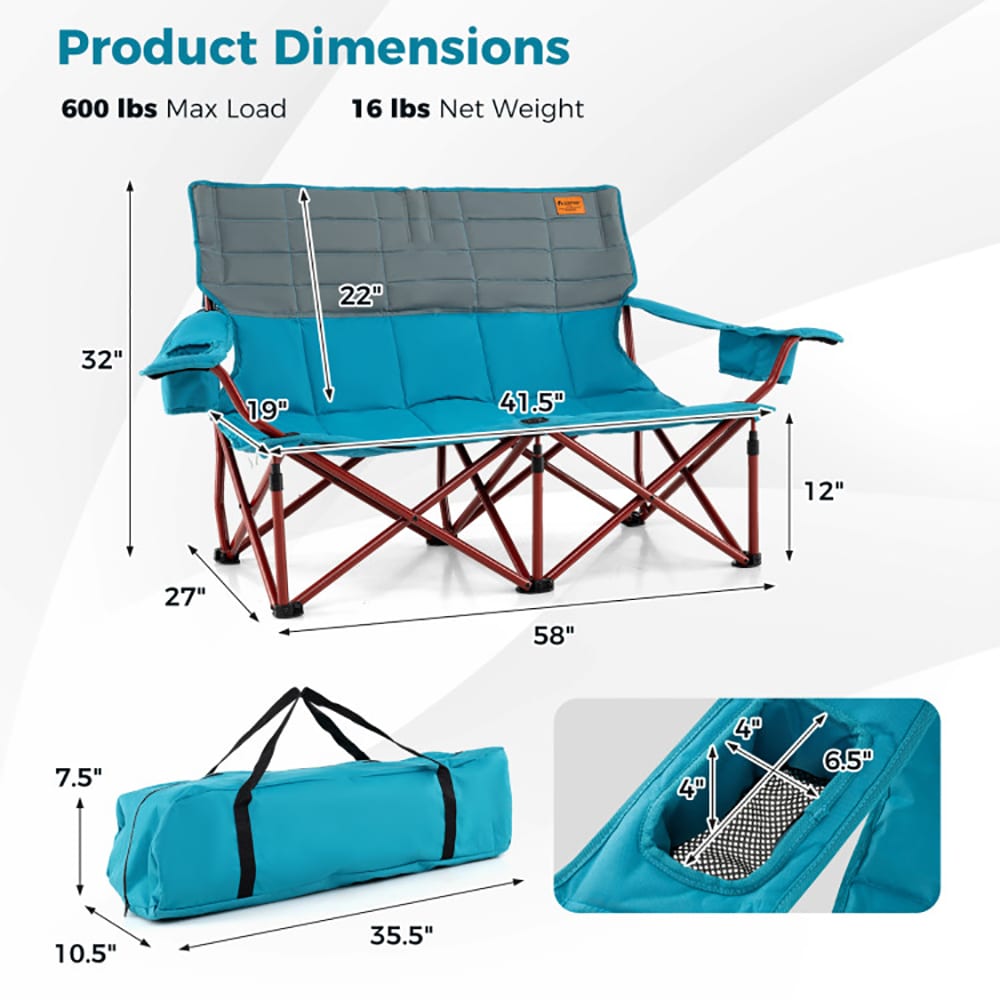 Oversized Camping Chair Folding Loveseat Camping Couch With Cup Holders & Thick Padding_voghion.com