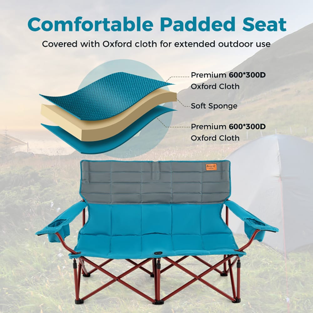 Oversized Camping Chair Folding Loveseat Camping Couch With Cup Holders & Thick Padding_voghion.com