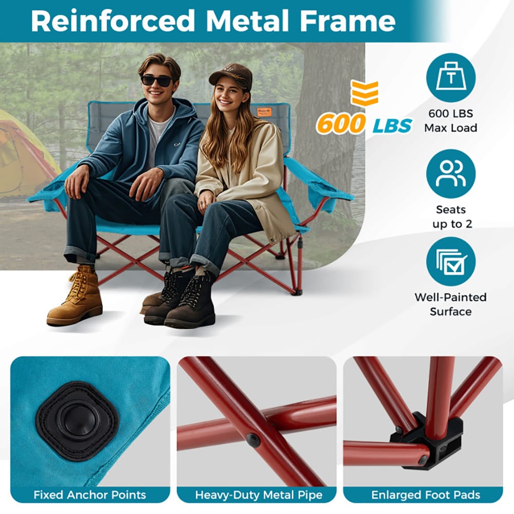 Oversized Camping Chair Folding Loveseat Camping Couch With Cup Holders & Thick Padding_voghion.com