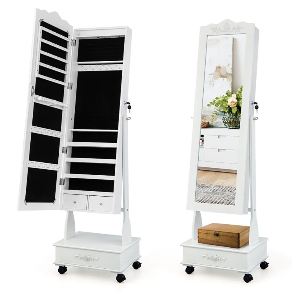 Rolling Floor Standing Mirrored Jewelry Armoire With Lock And Drawers_voghion.com