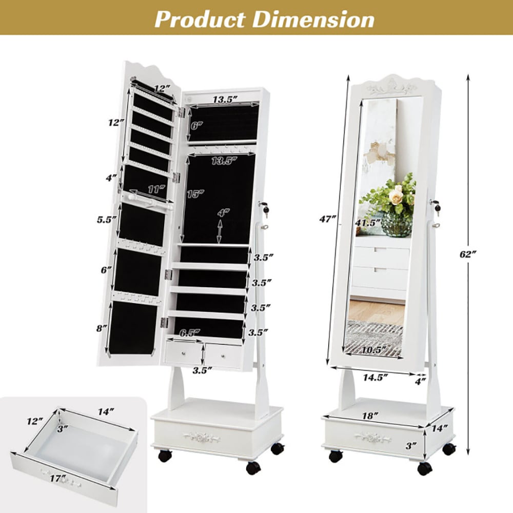 Rolling Floor Standing Mirrored Jewelry Armoire With Lock And Drawers_voghion.com