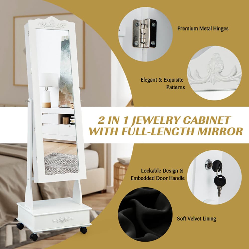 Rolling Floor Standing Mirrored Jewelry Armoire With Lock And Drawers_voghion.com