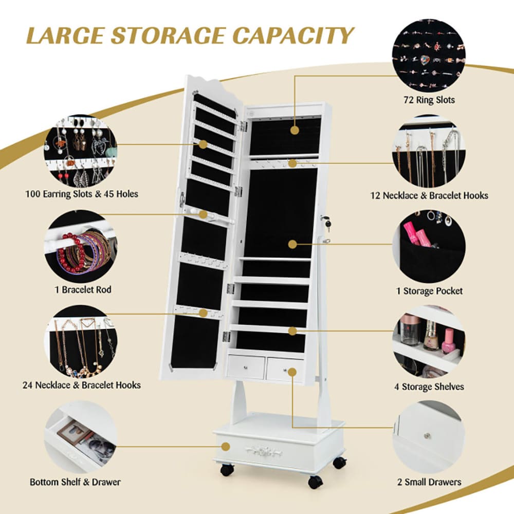 Rolling Floor Standing Mirrored Jewelry Armoire With Lock And Drawers_voghion.com