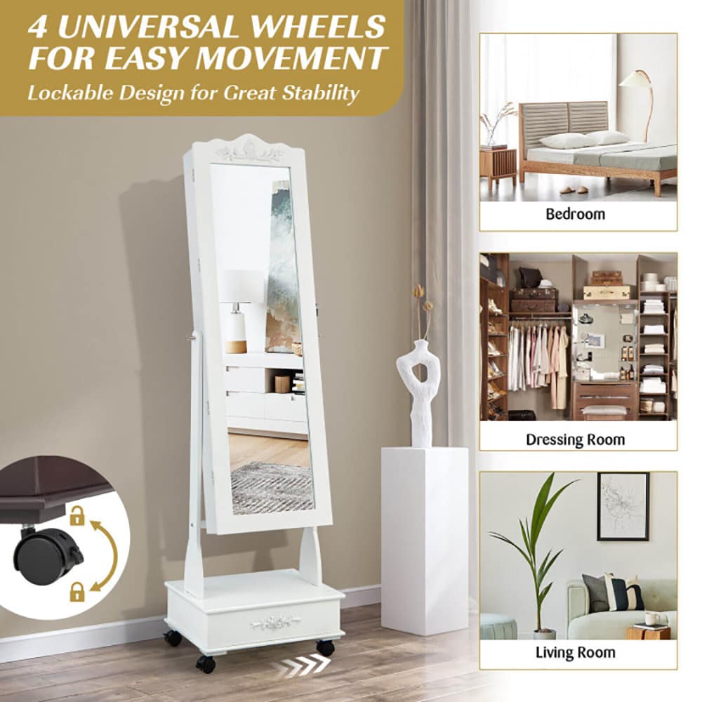 Rolling Floor Standing Mirrored Jewelry Armoire With Lock And Drawers_voghion.com