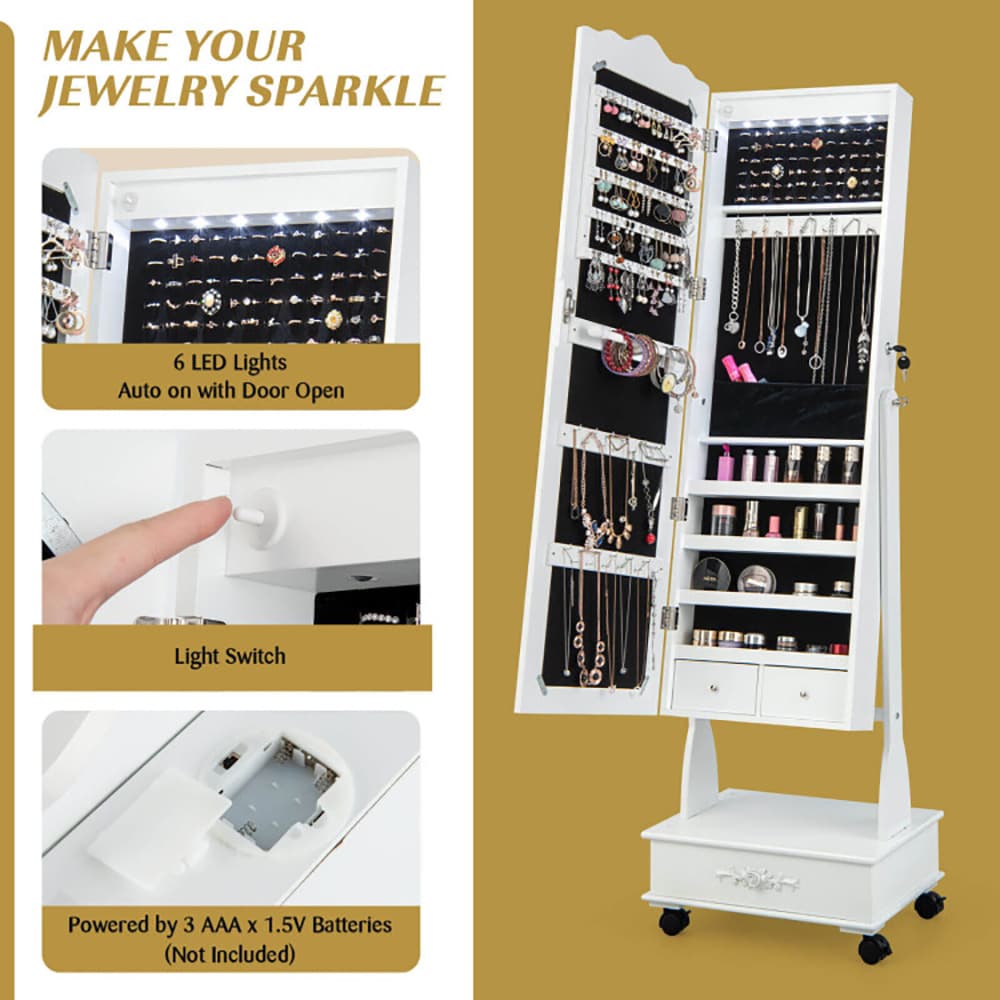 Rolling Floor Standing Mirrored Jewelry Armoire With Lock And Drawers_voghion.com