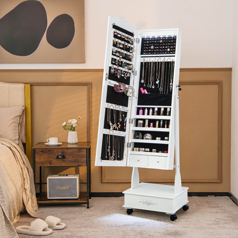 Rolling Floor Standing Mirrored Jewelry Armoire With Lock And Drawers_voghion.com