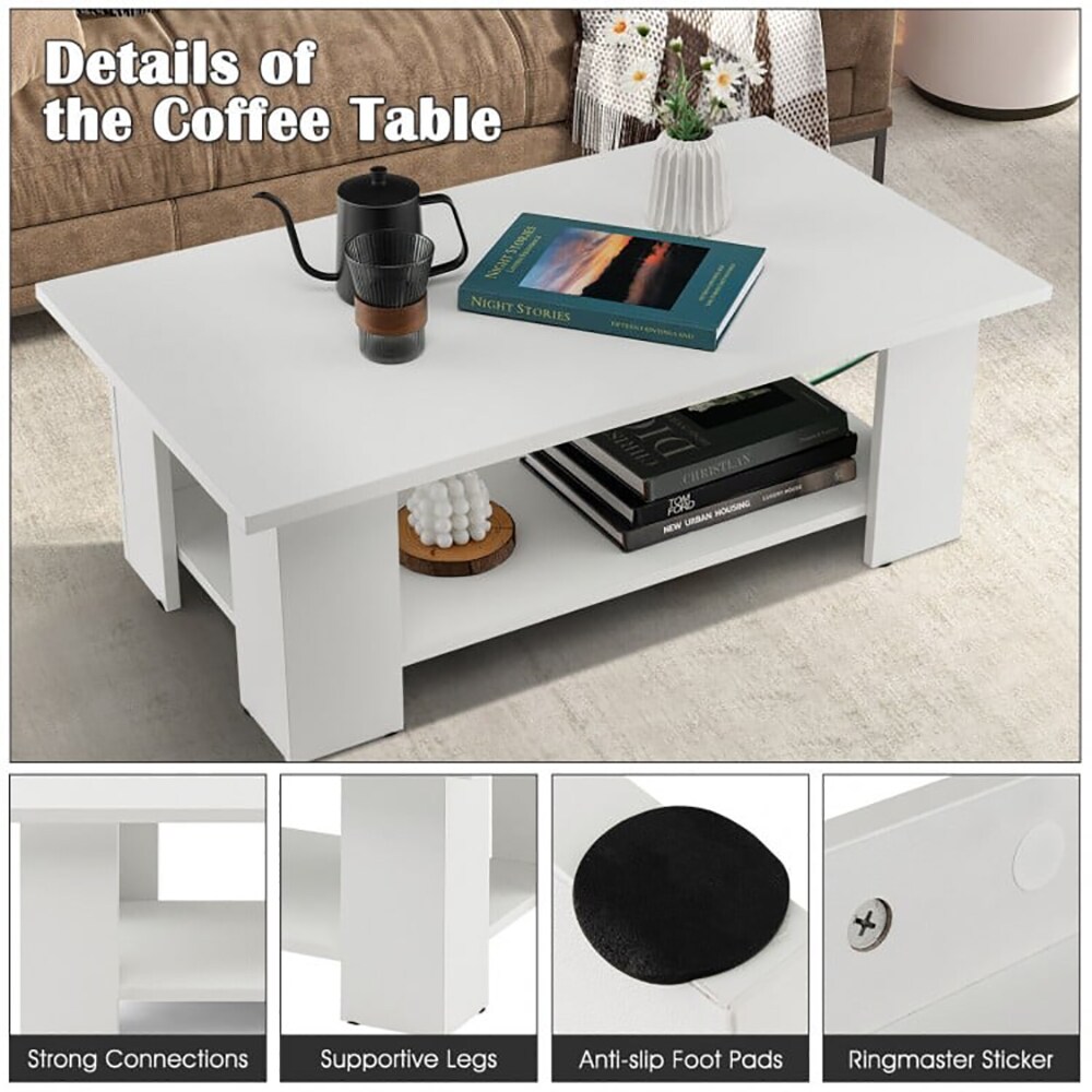 Large 41 Inch 2-tier Wooden Modern Coffee Table With Storage Shelf_voghion.com
