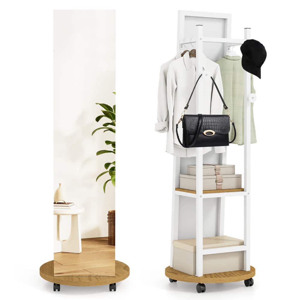 Coat Rack With Full Length Mirror Freestanding Coat Tree With 3 Hooks_voghion.com