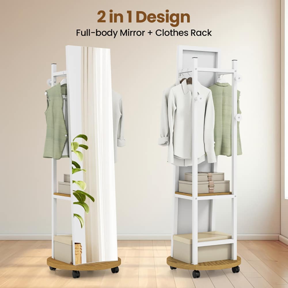 Coat Rack With Full Length Mirror Freestanding Coat Tree With 3 Hooks_voghion.com