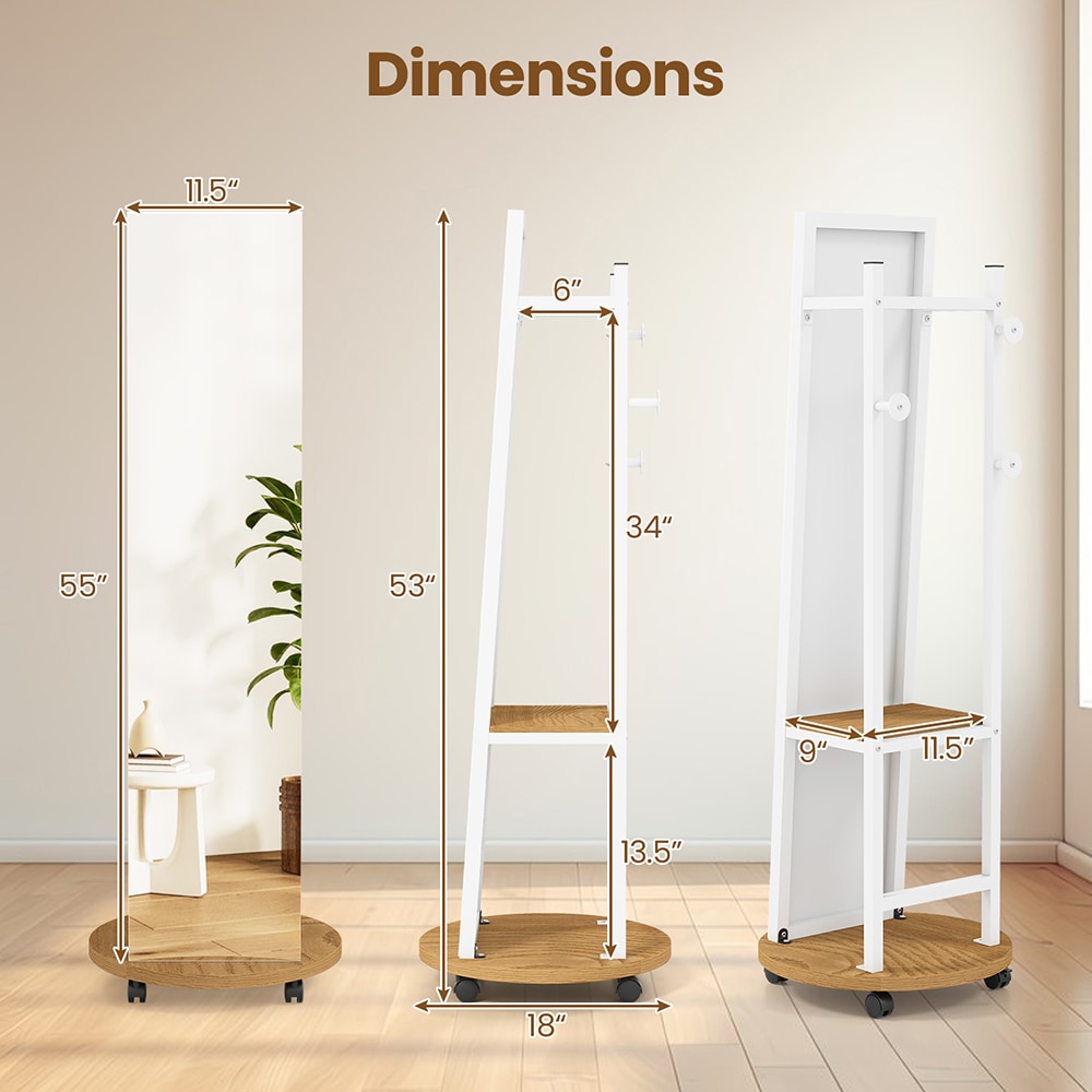 Coat Rack With Full Length Mirror Freestanding Coat Tree With 3 Hooks_voghion.com