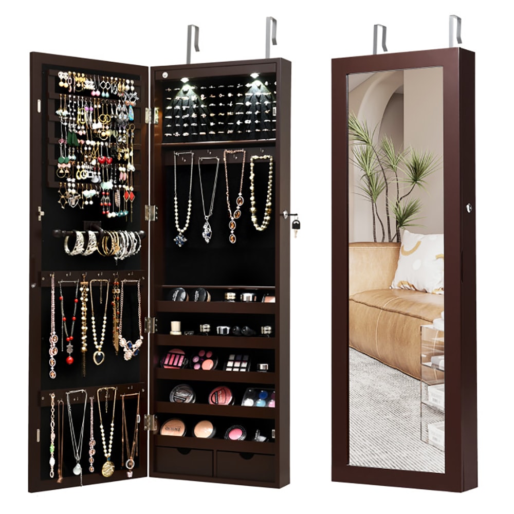 Lockable Wall Mount Mirrored Jewelry Cabinet With LED Lights_voghion.com