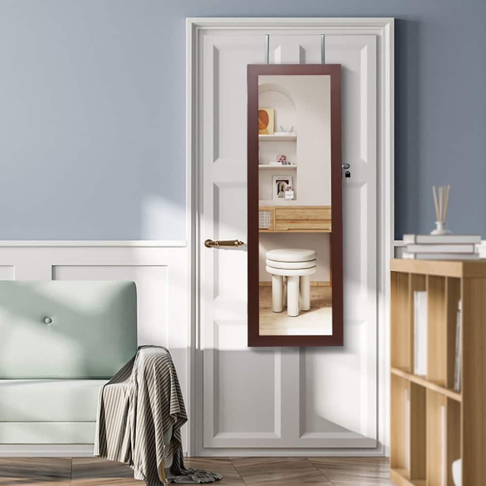 Lockable Wall Mount Mirrored Jewelry Cabinet With LED Lights_voghion.com
