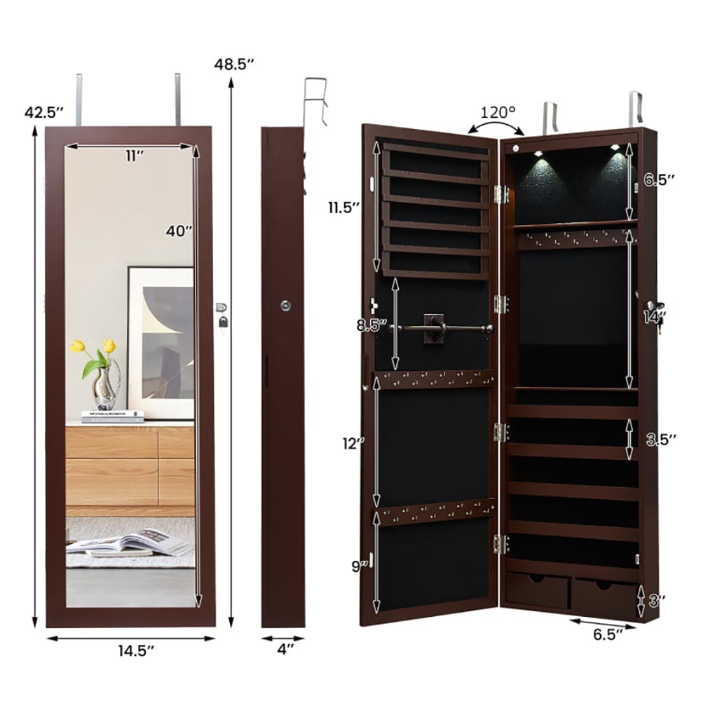 Lockable Wall Mount Mirrored Jewelry Cabinet With LED Lights_voghion.com