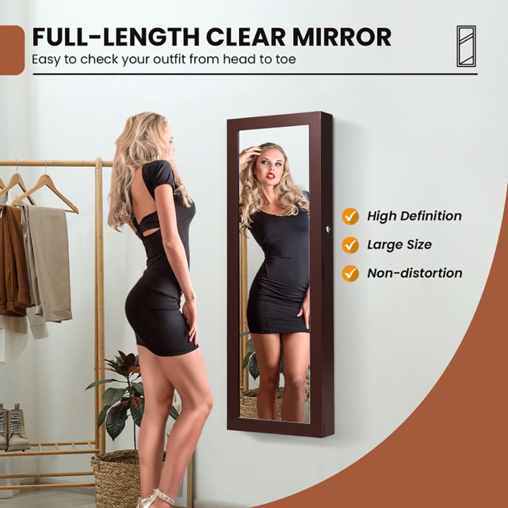 Lockable Wall Mount Mirrored Jewelry Cabinet With LED Lights_voghion.com