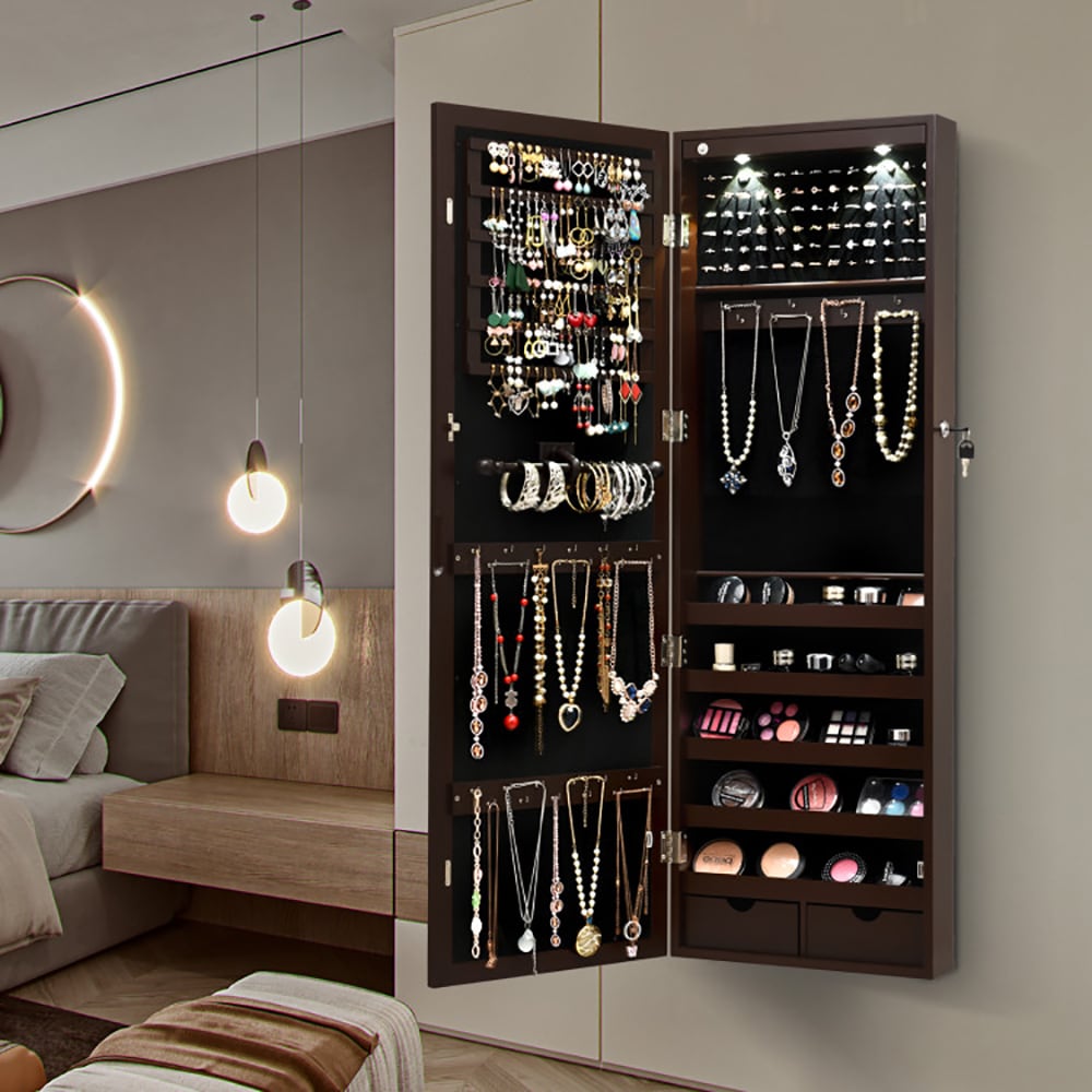 Lockable Wall Mount Mirrored Jewelry Cabinet With LED Lights_voghion.com