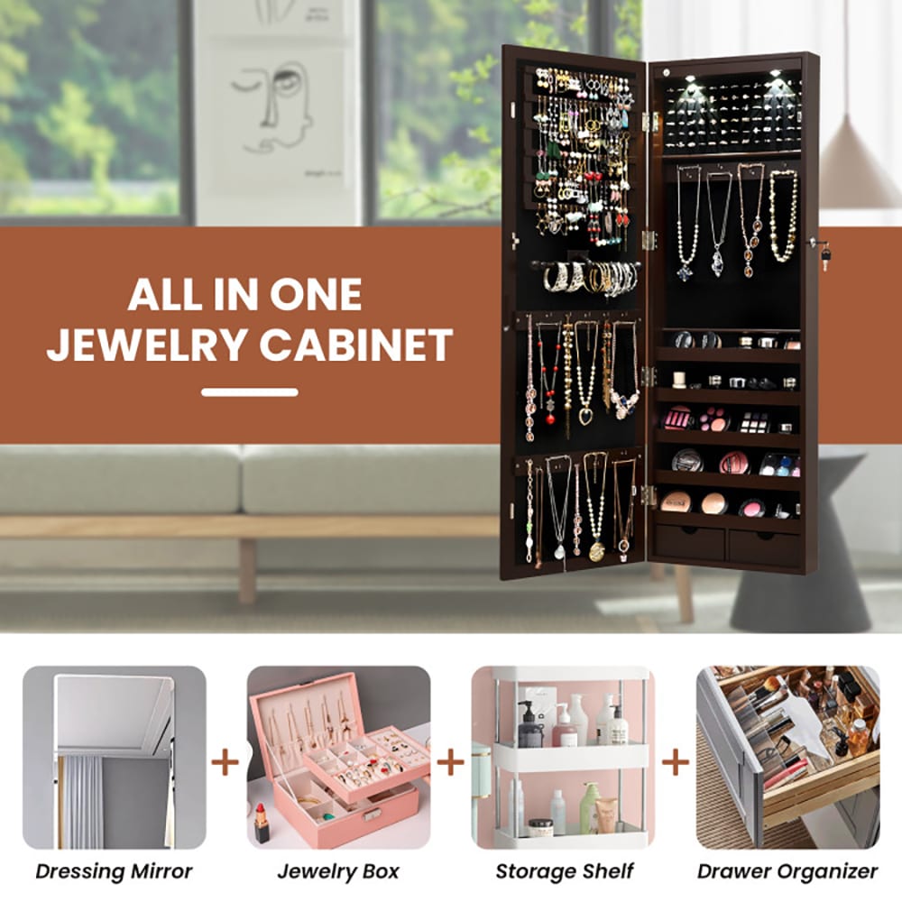 Lockable Wall Mount Mirrored Jewelry Cabinet With LED Lights_voghion.com