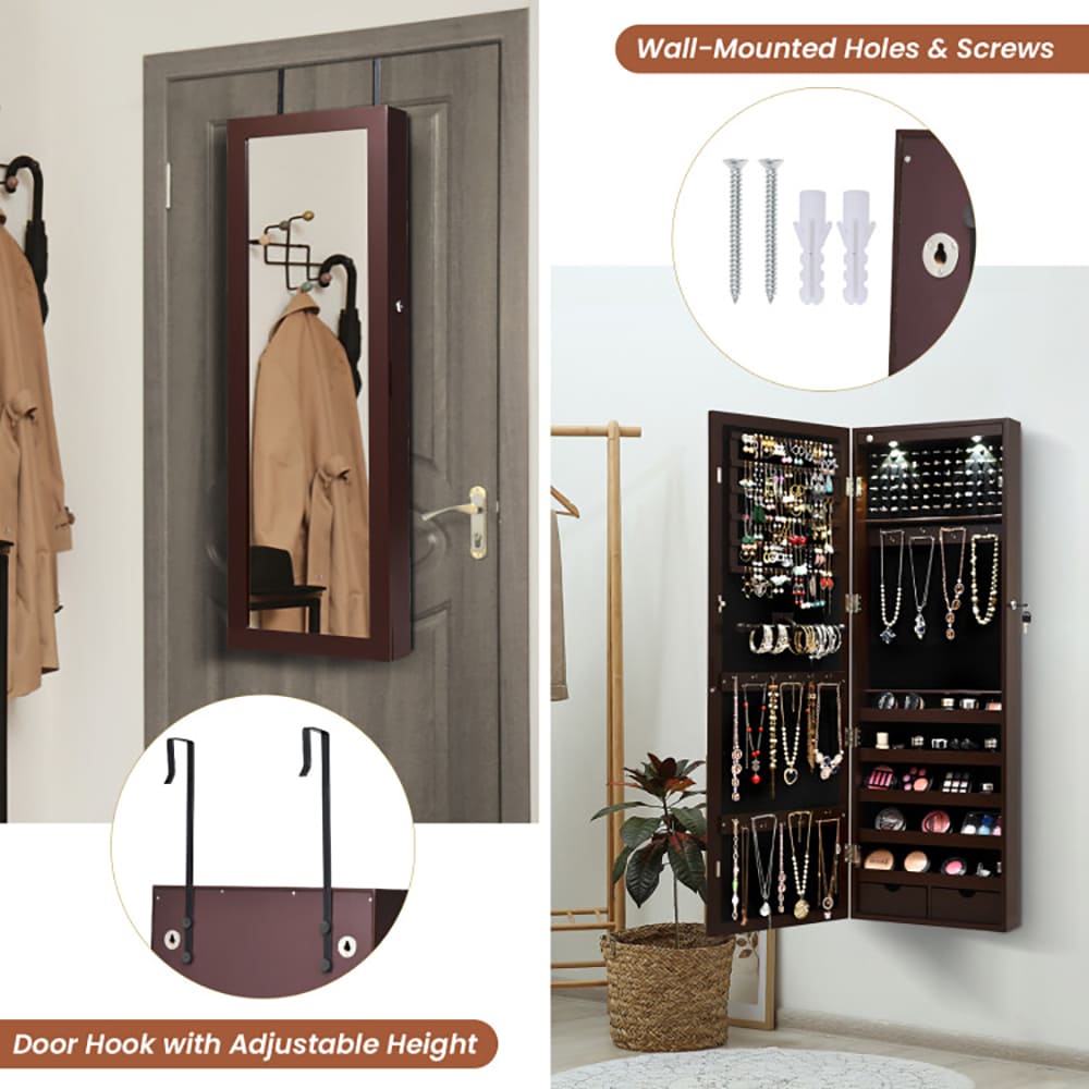 Lockable Wall Mount Mirrored Jewelry Cabinet With LED Lights_voghion.com